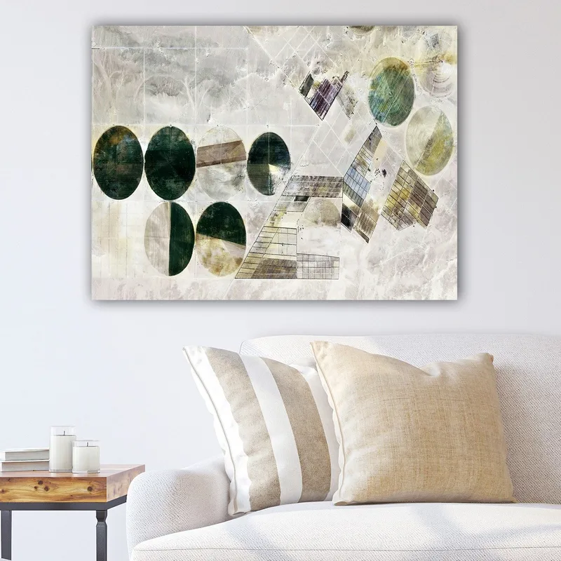 Lerretsbilde 70x100 cm - Abstrakt komposisjon med geometriske former i forskjellige nyanser av grønt og brunt, Mørkegrønn / Lysegrønn / Brun