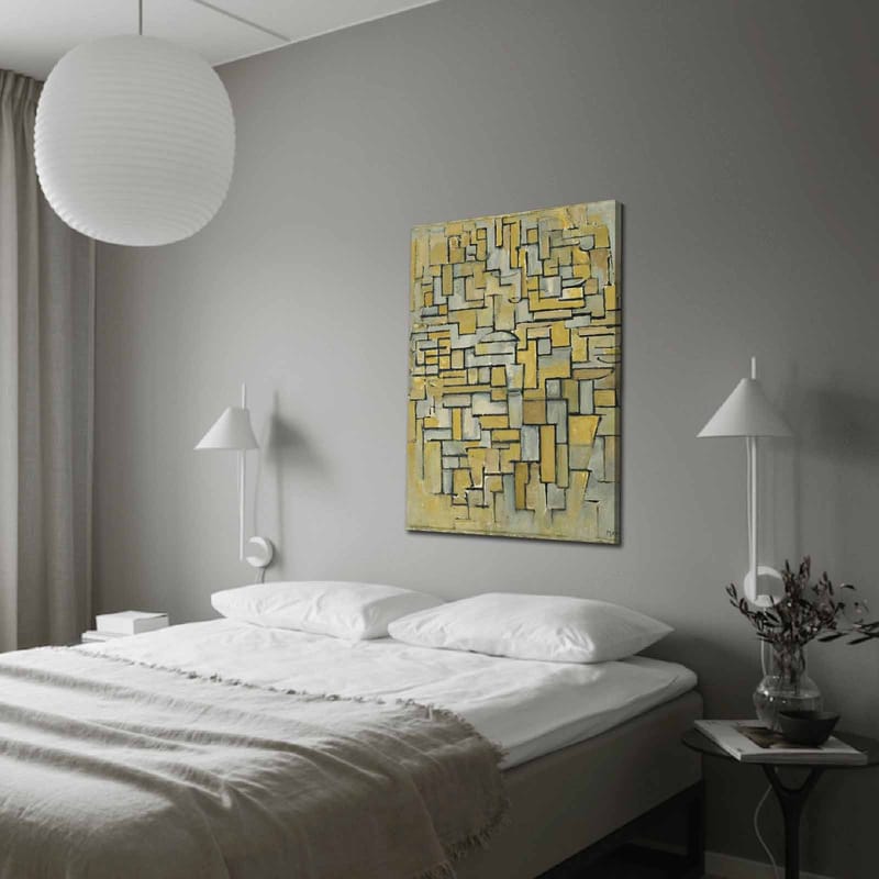 Lerretsbilde 70x100 cm - Abstrakt komposisjon med geometriske former i gult og grått, Gul / Grå