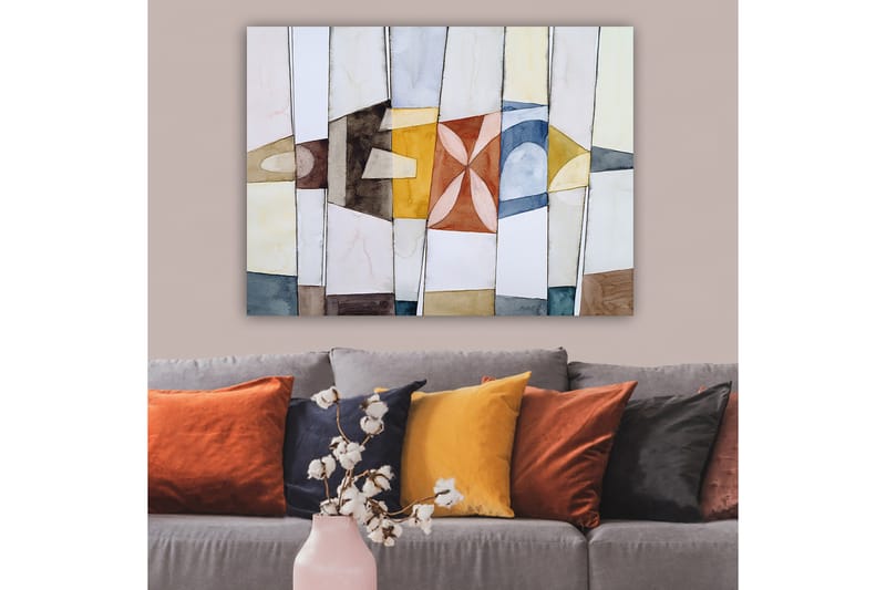 Lerretsbilde 70x100 cm - Abstrakt komposisjon med geometriske former i varme og kalde farger - Gull / Blå / Brun - Interiør - Maleri & posters - Lerretsbilder