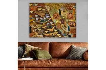 Lerretsbilde 70x100 cm - Abstrakt komposisjon med geometriske former og øyemotiver i varme jordfarger - Gull / Brun / Beige - Interiør - Maleri & posters - Lerretsbilder