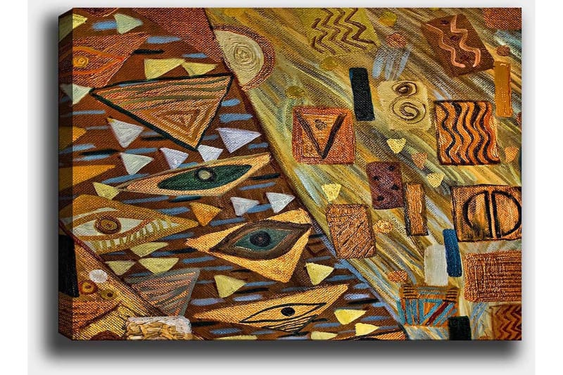 Lerretsbilde 70x100 cm - Abstrakt komposisjon med geometriske former og øyemotiver i varme jordfarger - Gull / Brun / Beige - Interiør - Maleri & posters - Lerretsbilder