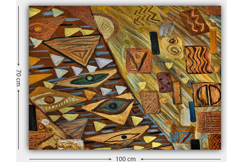 Lerretsbilde 70x100 cm - Abstrakt komposisjon med geometriske former og øyemotiver i varme jordfarger - Gull / Brun / Beige - Interiør - Maleri & posters - Lerretsbilder