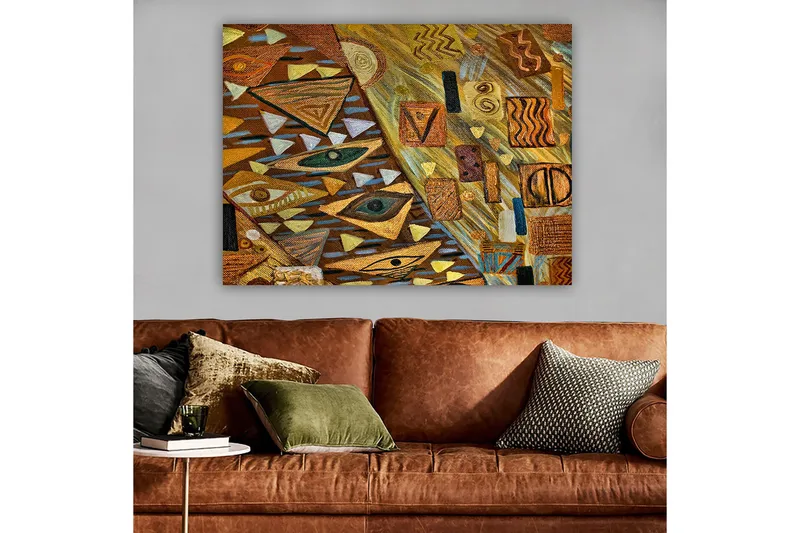 Lerretsbilde 70x100 cm - Abstrakt komposisjon med geometriske former og øyemotiver i varme jordfarger, Gull / Brun / Beige