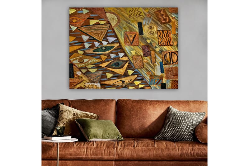 Lerretsbilde 70x100 cm - Abstrakt komposisjon med geometriske former og øyemotiver i varme jordfarger, Gull / Brun / Beige