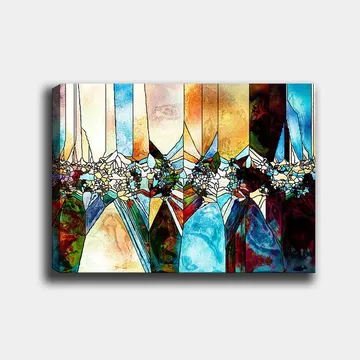 Lerretsbilde 70x100 cm - Abstrakt komposisjon med geometriske former og blomstermotiver i sterke farger - Blå / Grønn / Oransje - Interiør - Maleri & posters - Lerretsbilder