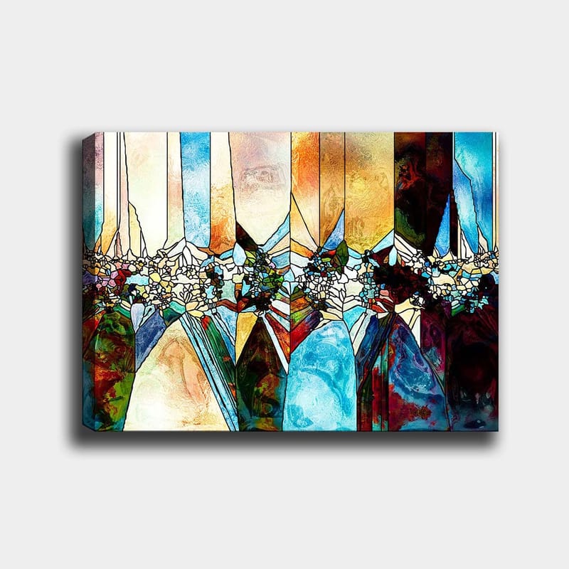 Lerretsbilde 70x100 cm - Abstrakt komposisjon med geometriske former og blomstermotiver i sterke farger - Blå / Grønn / Oransje - Interiør - Maleri & posters - Lerretsbilder