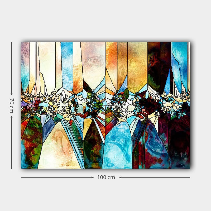 Lerretsbilde 70x100 cm - Abstrakt komposisjon med geometriske former og blomstermotiver i sterke farger - Blå / Grønn / Oransje - Interiør - Maleri & posters - Lerretsbilder