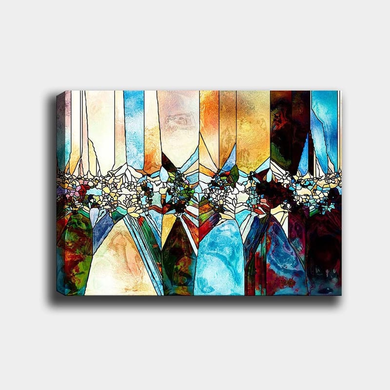 Lerretsbilde 70x100 cm - Abstrakt komposisjon med geometriske former og blomstermotiver i sterke farger - Blå / Grønn / Oransje - Interiør - Maleri & posters - Lerretsbilder