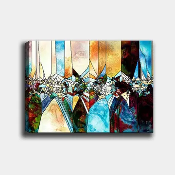 Lerretsbilde 70x100 cm - Abstrakt komposisjon med geometriske former og blomstermotiver i sterke farger - Blå / Grønn / Oransje - Interiør - Maleri & posters - Lerretsbilder