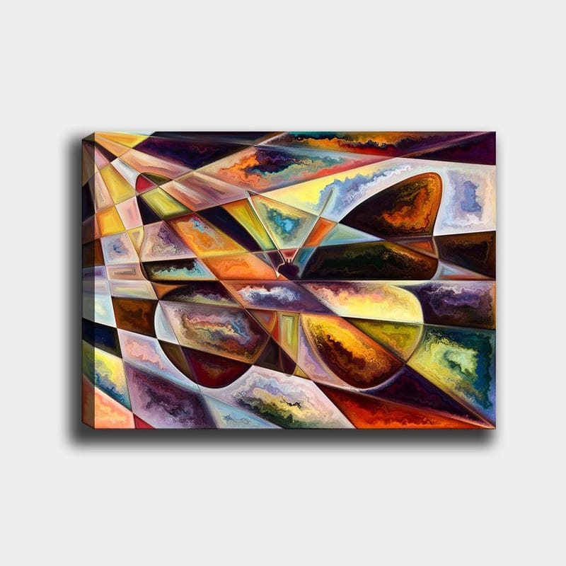 Lerretsbilde 70x100 cm - Abstrakt komposisjon med geometriske former og dynamiske fargeoverganger, Gull / Mørk brun / Oransje