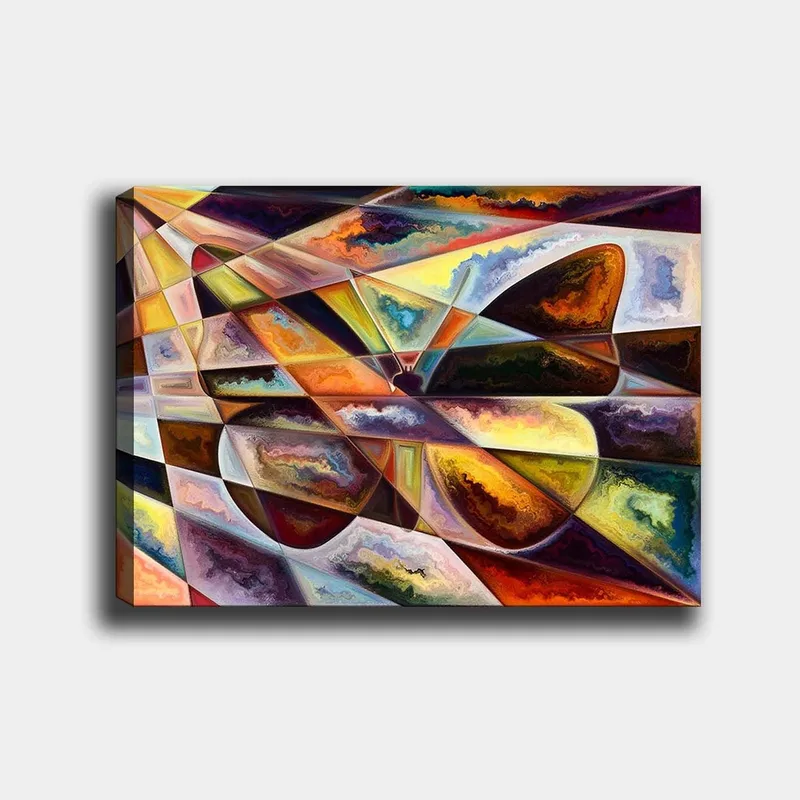 Lerretsbilde 70x100 cm - Abstrakt komposisjon med geometriske former og dynamiske fargeoverganger, Gull / Mørk brun / Oransje