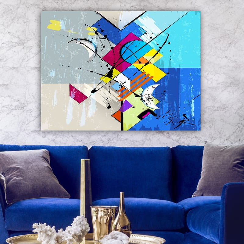 Lerretsbilde 70x100 cm - Abstrakt komposisjon med geometriske former og dynamiske linjer - Blå / Rosa / Gul - Interiør - Maleri & posters - Lerretsbilder