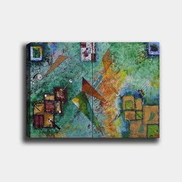Lerretsbilde 70x100 cm - Abstrakt komposisjon med geometriske former og dynamiske linjer i en fargerik harmoni - Grønn / Oransje / Brun - Interiør - Maleri & posters - Lerretsbilder