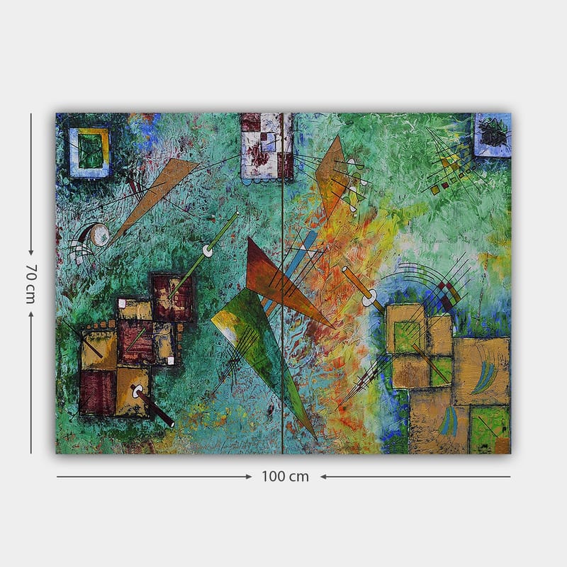 Lerretsbilde 70x100 cm - Abstrakt komposisjon med geometriske former og dynamiske linjer i en fargerik harmoni - Grønn / Oransje / Brun - Interiør - Maleri & posters - Lerretsbilder