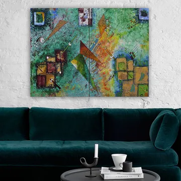 Lerretsbilde 70x100 cm - Abstrakt komposisjon med geometriske former og dynamiske linjer i en fargerik harmoni - Grønn / Oransje / Brun - Interiør - Maleri & posters - Lerretsbilder