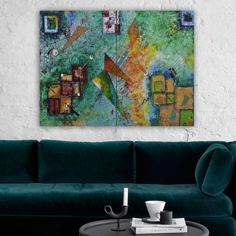 Lerretsbilde 70x100 cm - Abstrakt komposisjon med geometriske former og dynamiske linjer i en fargerik harmoni - Grønn / Oransje / Brun - Interiør - Maleri & posters - Lerretsbilder