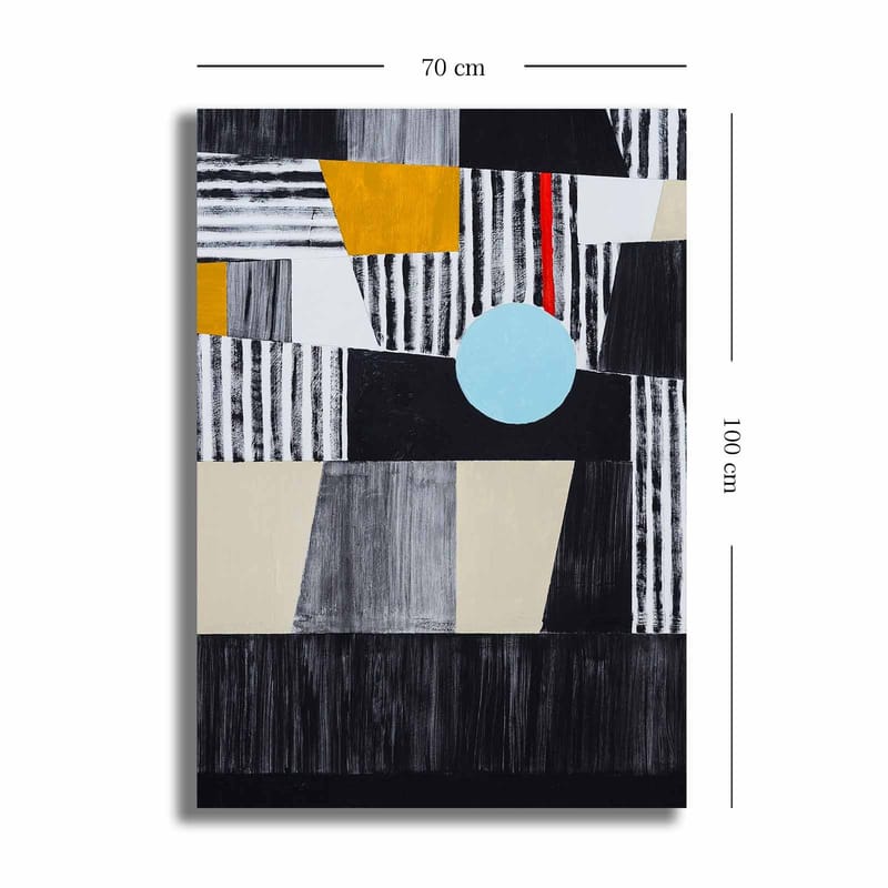 Lerretsbilde 70x100 cm - Abstrakt komposisjon med geometriske former og en sentral sirkel - Svart / Lyseblå / Gull - Interiør - Maleri & posters - Lerretsbilder