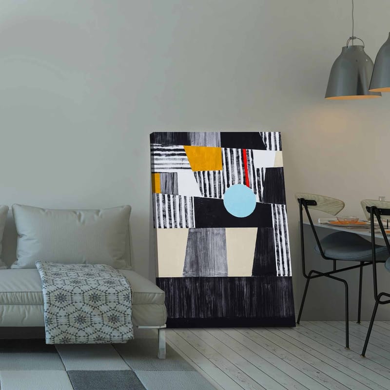 Lerretsbilde 70x100 cm - Abstrakt komposisjon med geometriske former og en sentral sirkel - Svart / Lyseblå / Gull - Interiør - Maleri & posters - Lerretsbilder