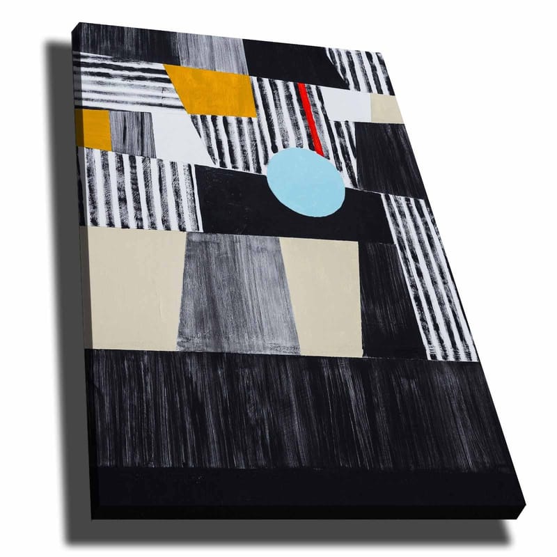 Lerretsbilde 70x100 cm - Abstrakt komposisjon med geometriske former og en sentral sirkel, Svart / Lyseblå / Gull