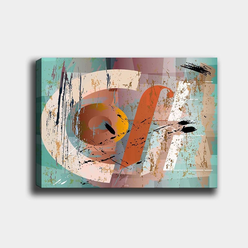 Lerretsbilde 70x100 cm - Abstrakt komposisjon med geometriske former og fargerike elementer - Turkis / Oransje / Beige - Interiør - Maleri & posters - Lerretsbilder