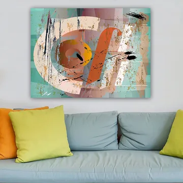 Lerretsbilde 70x100 cm - Abstrakt komposisjon med geometriske former og fargerike elementer - Turkis / Oransje / Beige - Interiør - Maleri & posters - Lerretsbilder