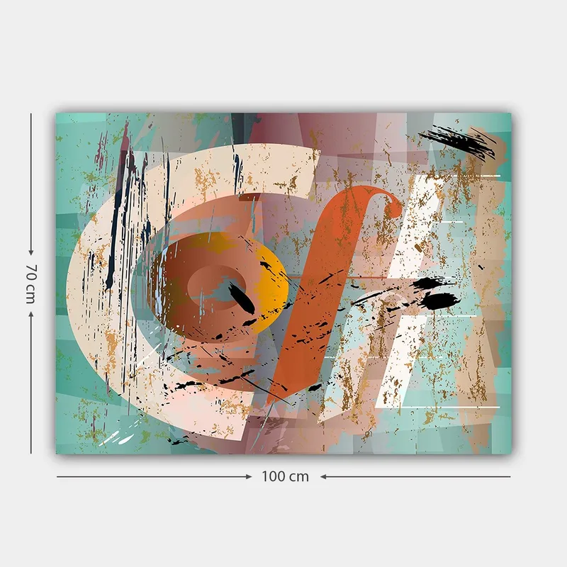 Lerretsbilde 70x100 cm - Abstrakt komposisjon med geometriske former og fargerike elementer - Turkis / Oransje / Beige - Interiør - Maleri & posters - Lerretsbilder