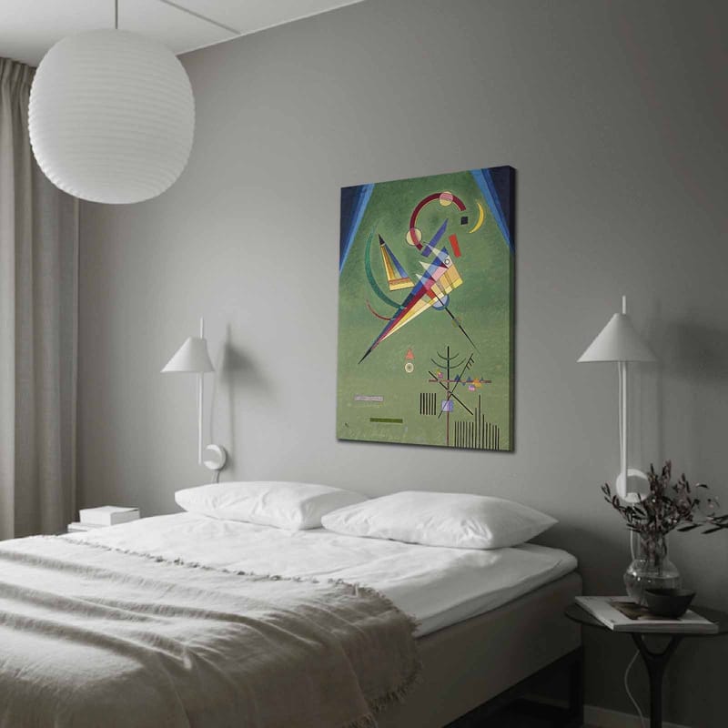 Lerretsbilde 70x100 cm - Abstrakt komposisjon med geometriske former og fargerike linjer, Grønn / Blå / Rød