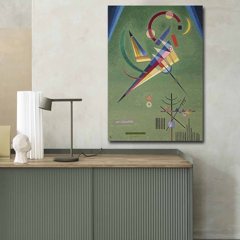 Lerretsbilde 70x100 cm - Abstrakt komposisjon med geometriske former og fargerike linjer - Grønn / Blå / Rød - Interiør - Maleri & posters - Lerretsbilder