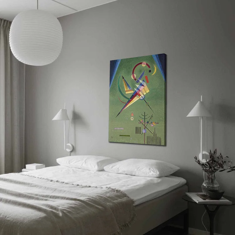 Lerretsbilde 70x100 cm - Abstrakt komposisjon med geometriske former og fargerike linjer, Grønn / Blå / Rød