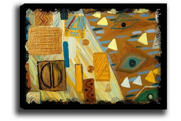 Lerretsbilde 70x100 cm - Abstrakt komposisjon med geometriske former og fargerike mønstre - Gull / Blå / Grønn - Interiør - Maleri & posters - Lerretsbilder