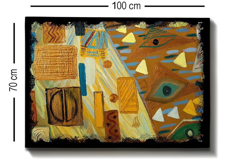 Lerretsbilde 70x100 cm - Abstrakt komposisjon med geometriske former og fargerike mønstre - Gull / Blå / Grønn - Interiør - Maleri & posters - Lerretsbilder