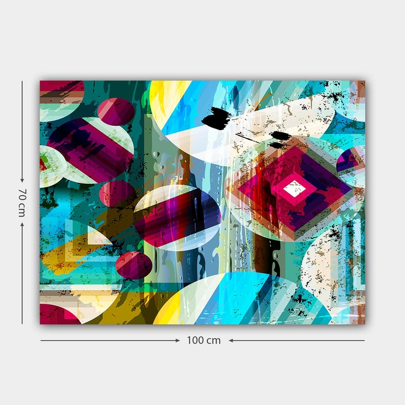 Lerretsbilde 70x100 cm - Abstrakt komposisjon med geometriske former og fargerike sirkler - Turkis / Rød / Gul - Interiør - Maleri & posters - Lerretsbilder