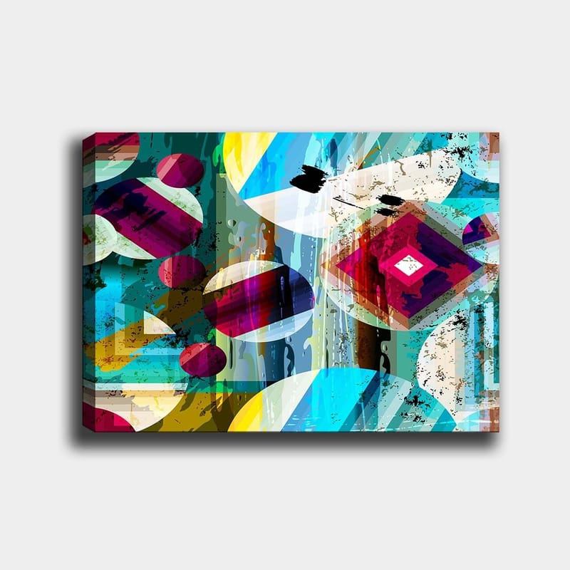 Lerretsbilde 70x100 cm - Abstrakt komposisjon med geometriske former og fargerike sirkler, Turkis / Rød / Gul