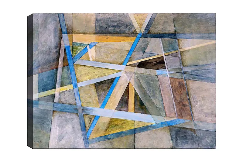Lerretsbilde 70x100 cm - Abstrakt komposisjon med geometriske former og linjer i harmoniske farger, Blå / Beige / Grå