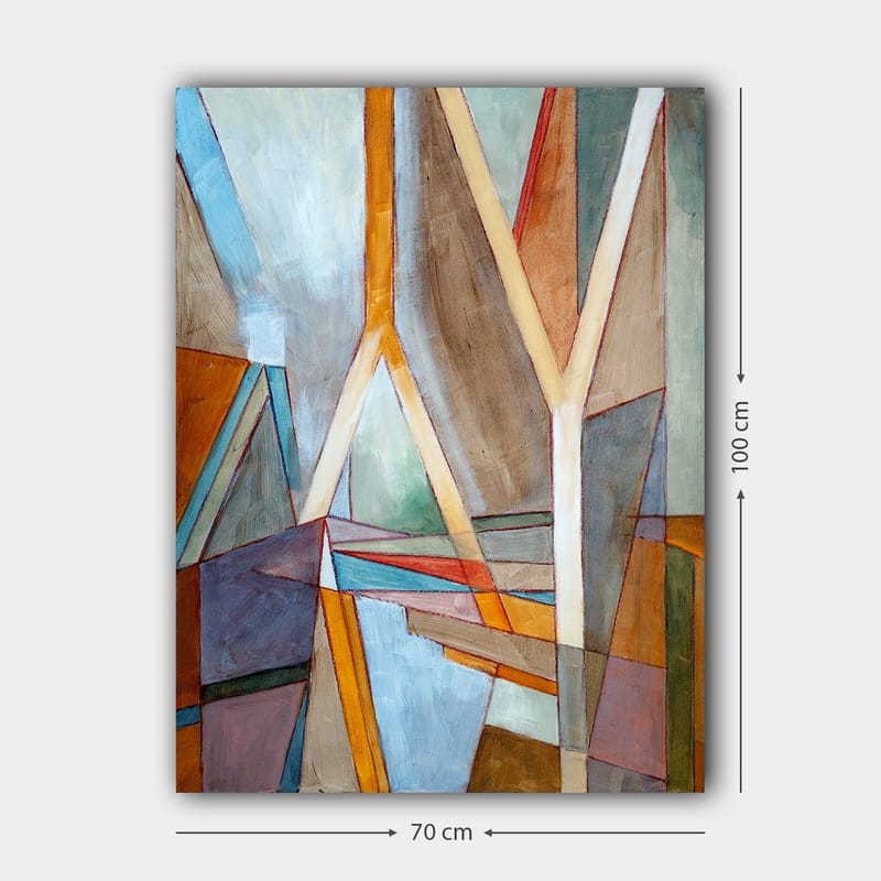 Lerretsbilde 70x100 cm - Abstrakt komposisjon med geometriske former og linjer som skaper en dynamisk følelse - Blå / Oransje / Brun - Interiør - Maleri & posters - Lerretsbilder