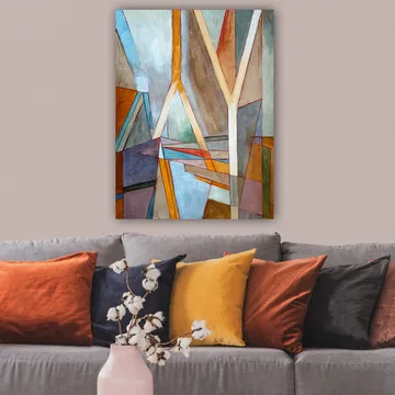 Lerretsbilde 70x100 cm - Abstrakt komposisjon med geometriske former og linjer som skaper en dynamisk følelse - Blå / Oransje / Brun - Interiør - Maleri & posters - Lerretsbilder