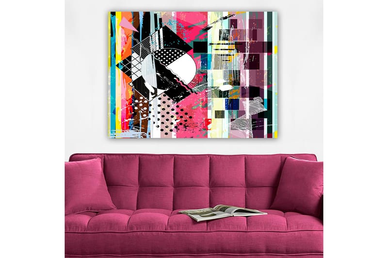 Lerretsbilde 70x100 cm - Abstrakt komposisjon med geometriske former og livlige farger - Rosa / Svart / Hvit - Interiør - Maleri & posters - Lerretsbilder