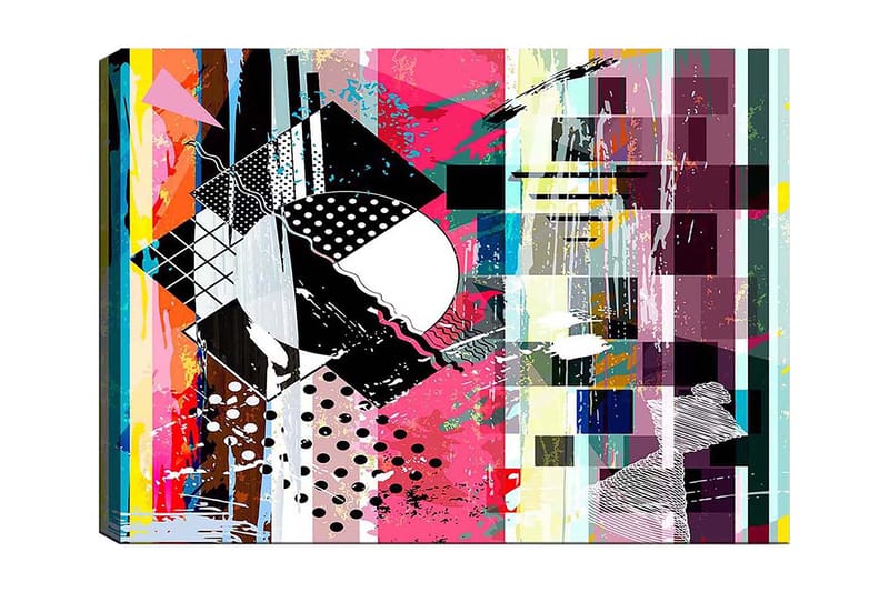 Lerretsbilde 70x100 cm - Abstrakt komposisjon med geometriske former og livlige farger, Rosa / Svart / Hvit