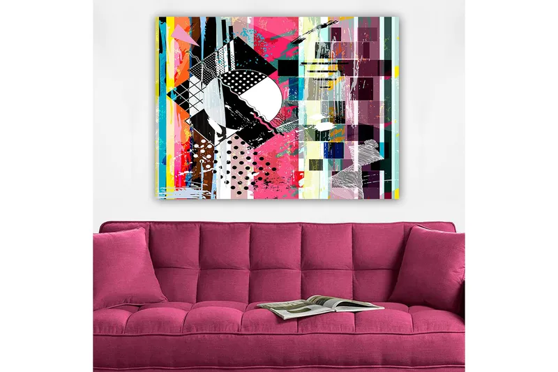 Lerretsbilde 70x100 cm - Abstrakt komposisjon med geometriske former og livlige farger - Rosa / Svart / Hvit - Interiør - Maleri & posters - Lerretsbilder