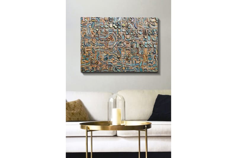 Lerretsbilde 70x100 cm - Abstrakt komposisjon med geometriske former og mønstre i forskjellige nyanser, Blå / Bronse / Svart