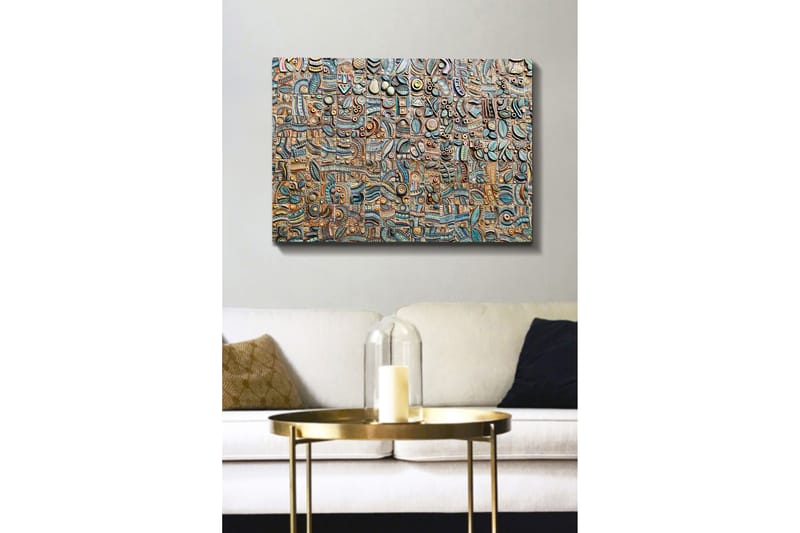 Lerretsbilde 70x100 cm - Abstrakt komposisjon med geometriske former og mønstre i forskjellige nyanser, Blå / Bronse / Svart