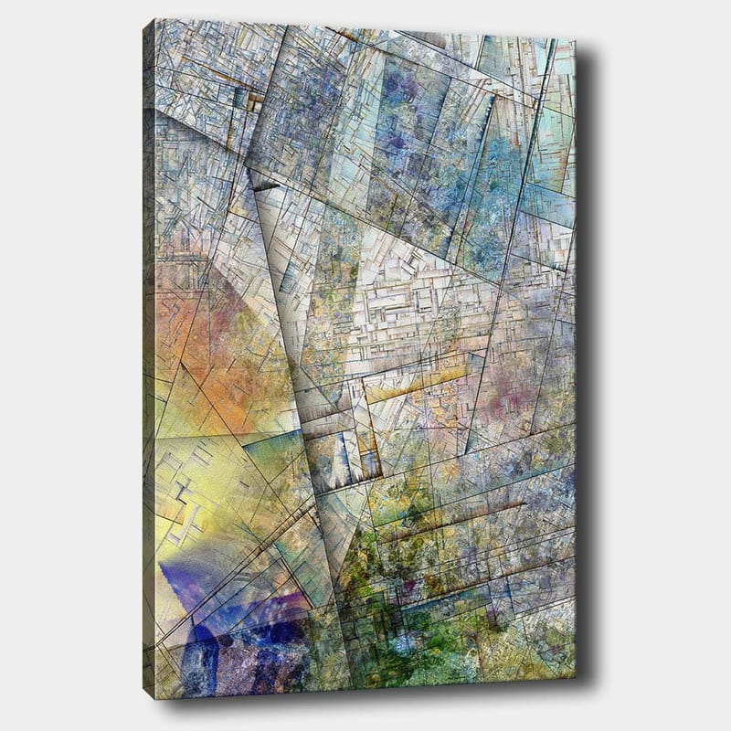 Lerretsbilde 70x100 cm - Abstrakt komposisjon med geometriske former og myke fargeoverganger, Blå / Grønn / Gul