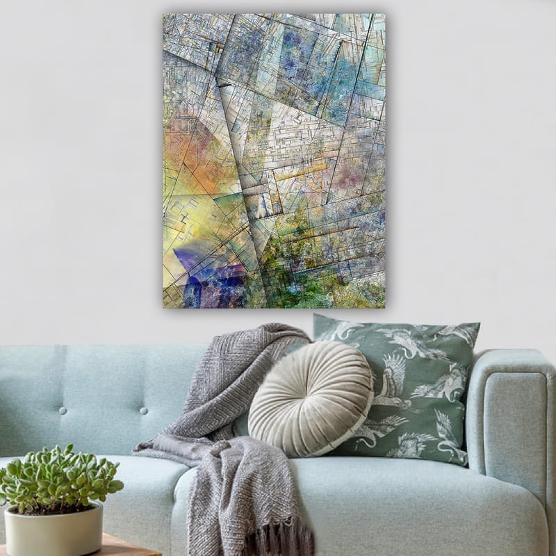 Lerretsbilde 70x100 cm - Abstrakt komposisjon med geometriske former og myke fargeoverganger - Blå / Grønn / Gul - Interiør - Maleri & posters - Lerretsbilder