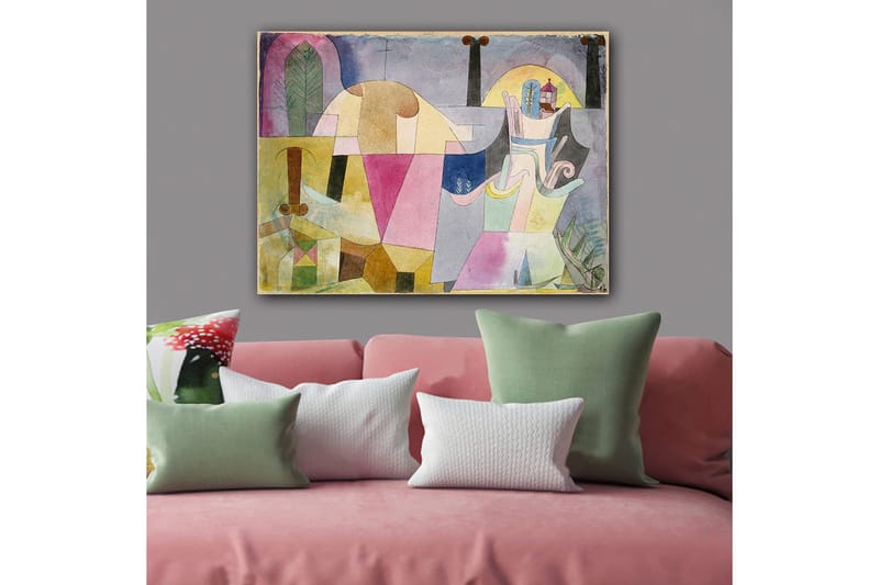 Lerretsbilde 70x100 cm - Abstrakt komposisjon med geometriske former og myke farger som skaper en drømmeaktig atmosfære, Rosa / Gul / Grønn