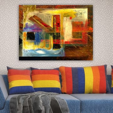 Lerretsbilde 70x100 cm - Abstrakt komposisjon med geometriske former og sterke farger - Rød / Gull / Blå - Interiør - Maleri & posters - Lerretsbilder