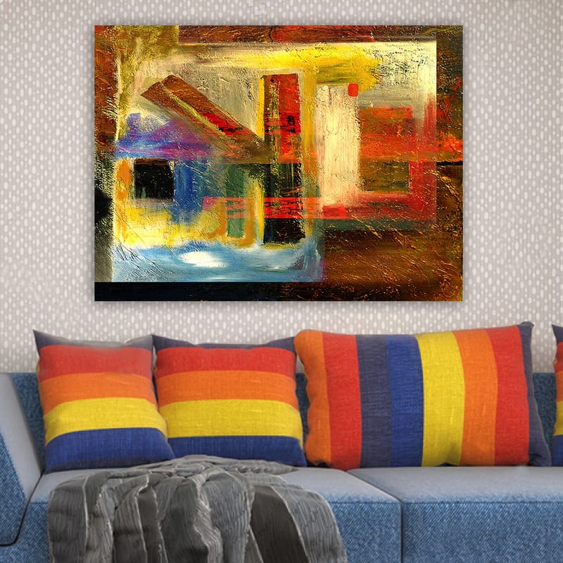 Lerretsbilde 70x100 cm - Abstrakt komposisjon med geometriske former og sterke farger - Rød / Gull / Blå - Interiør - Maleri & posters - Lerretsbilder