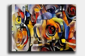 Lerretsbilde 70x100 cm - Abstrakt komposisjon med gitarer og roser i livlige farger - Rød / Gul / Blå - Interiør - Maleri & posters - Lerretsbilder