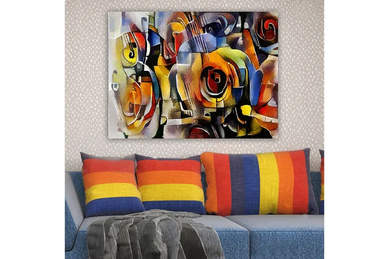 Lerretsbilde 70x100 cm - Abstrakt komposisjon med gitarer og roser i livlige farger - Rød / Gul / Blå - Interiør - Maleri & posters - Lerretsbilder