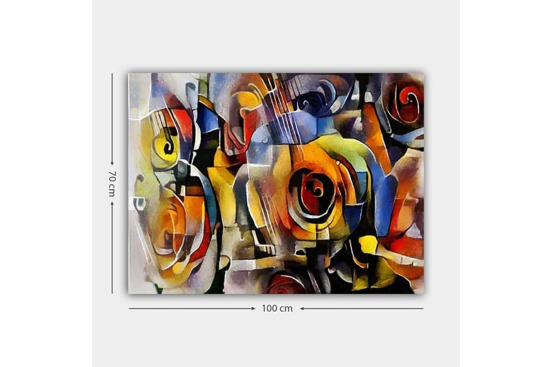 Lerretsbilde 70x100 cm - Abstrakt komposisjon med gitarer og roser i livlige farger - Rød / Gul / Blå - Interiør - Maleri & posters - Lerretsbilder
