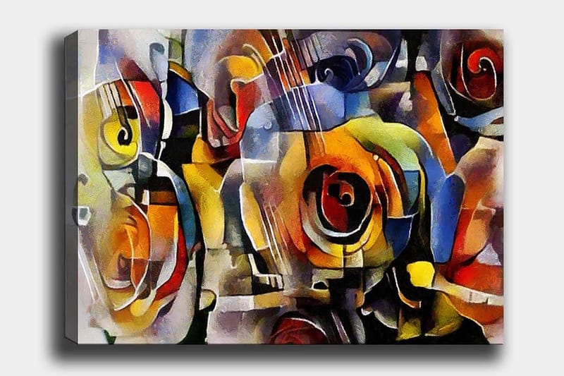Lerretsbilde 70x100 cm - Abstrakt komposisjon med gitarer og roser i livlige farger, Rød / Gul / Blå